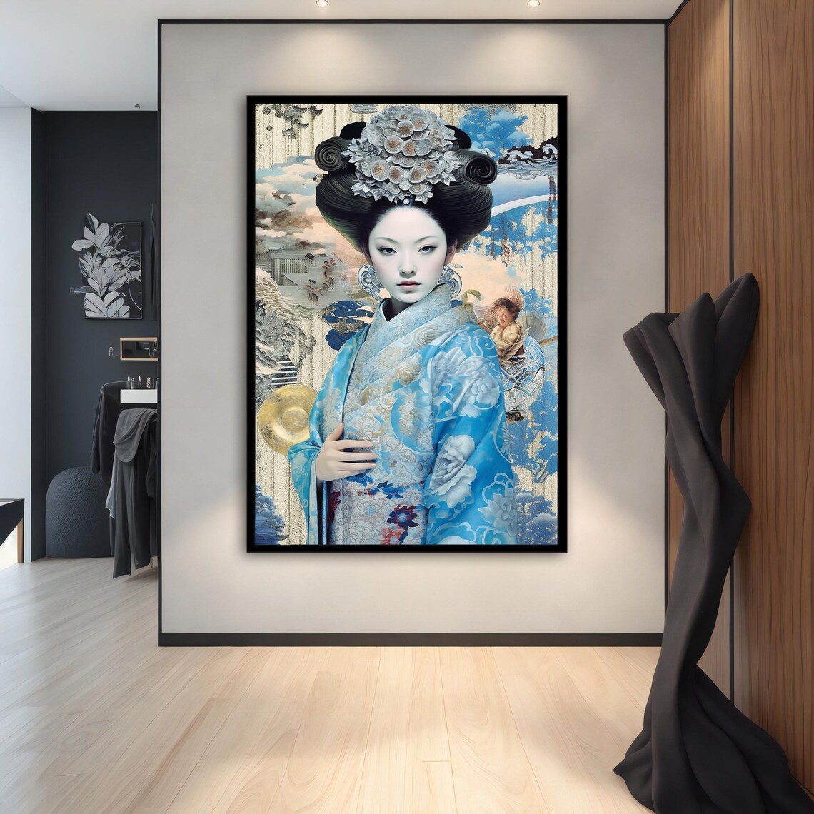 Geisha in Blue Kimono Japanese Floral Hair Ornament Art Poster - Image 3