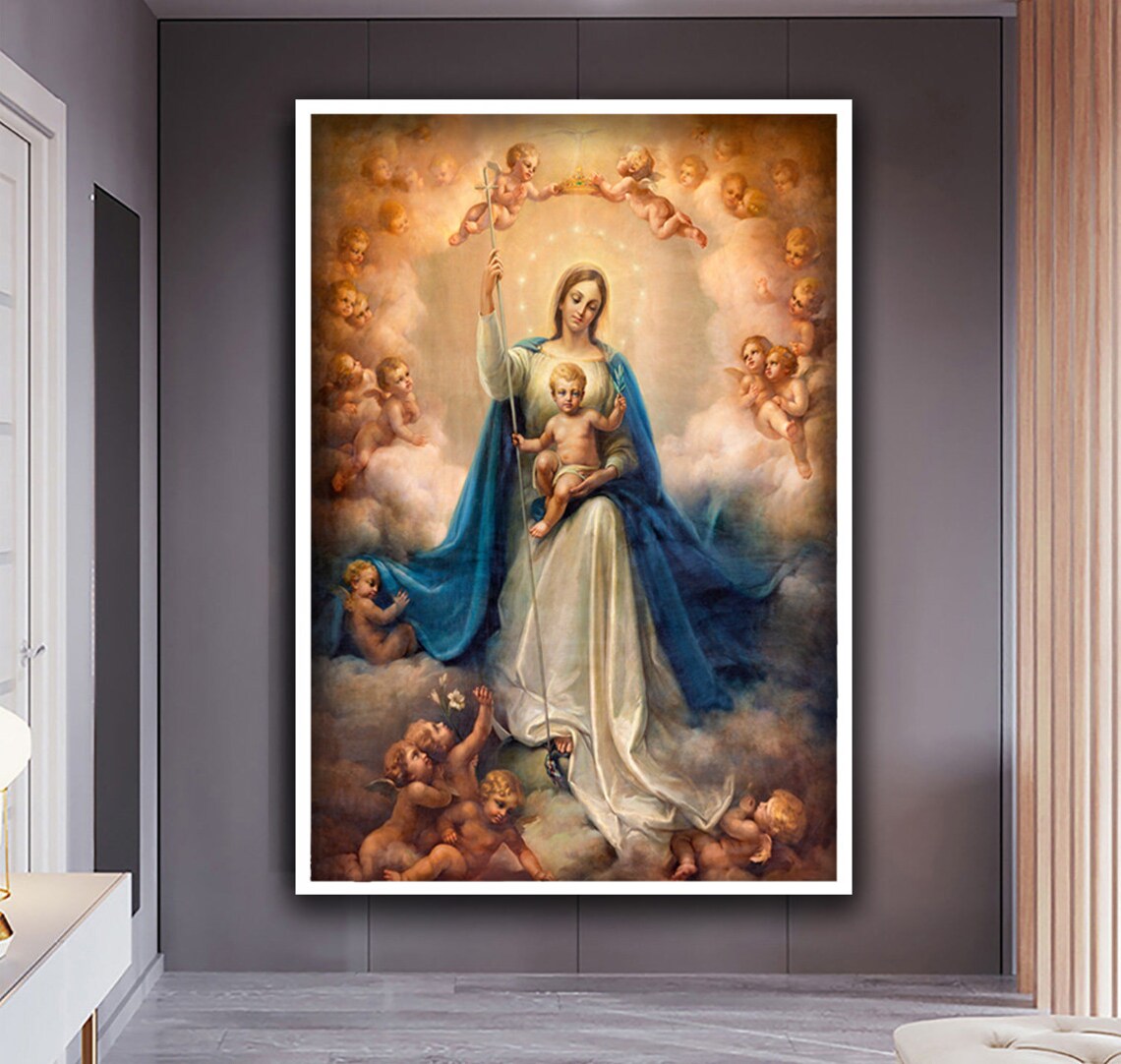 Virgin Mary With Infant Jesus Angels Heavenly Classic Catholic Art Poster - Image 3
