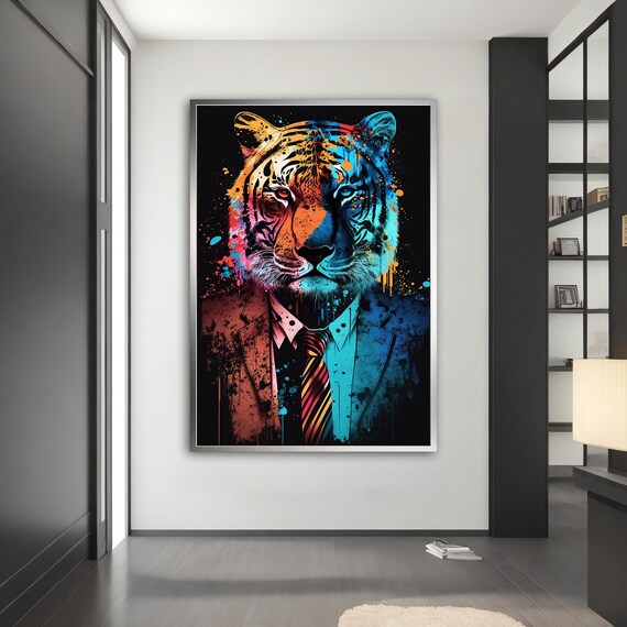 Tiger In Suit Tie Orange Blue Graffiti Boss Business Animal Art Wall Poster