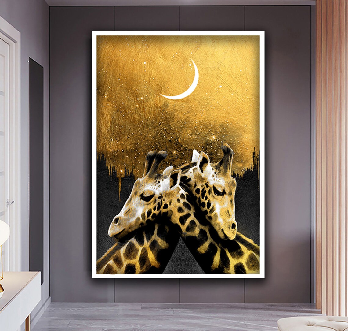 Golden Giraffe Couple Under Crescent Moon Starry Night Safari Art Poster