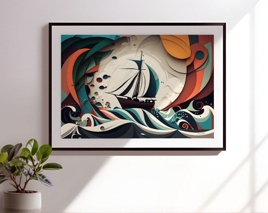 Abstract Sailboat Waves Layered Paper Cut Nautical Art Poster
