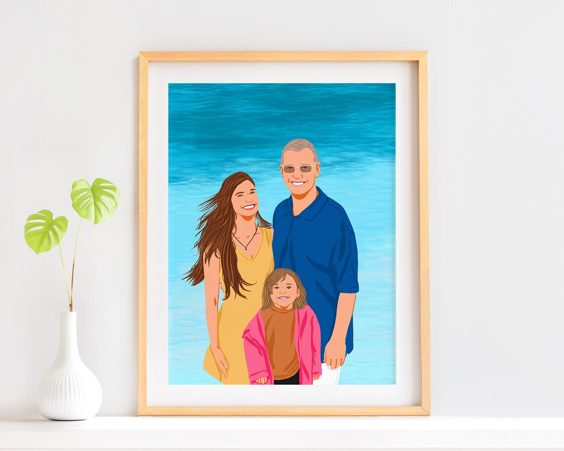 Custom Family of Three Beach Portrait from Photo Faceless Art Poster
