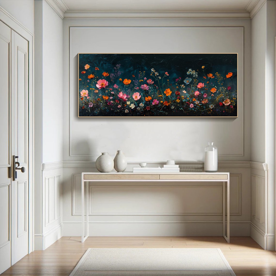 Colorful Wildflowers Coral Orange on Dark Teal Moody Art Poster - Image 4