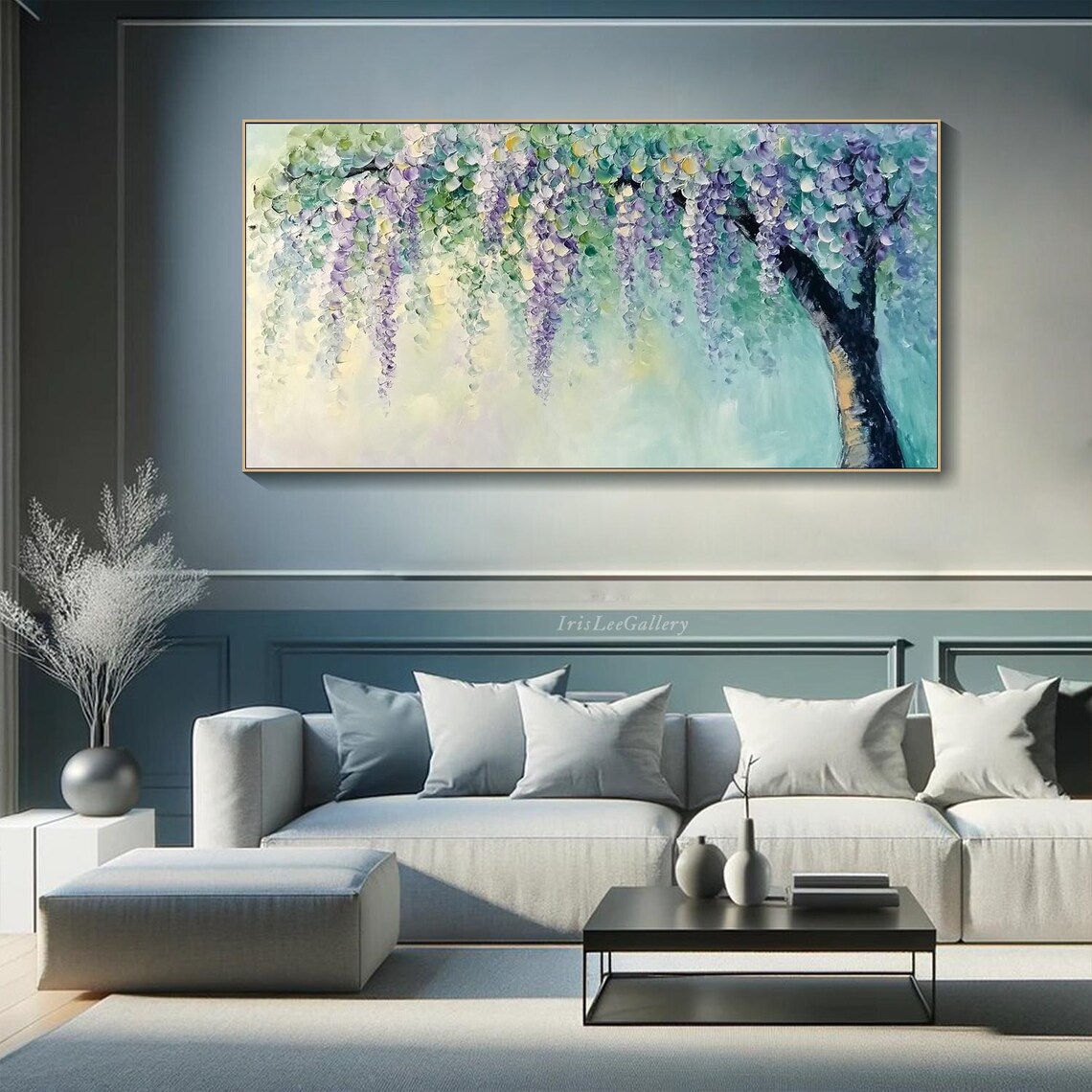 Purple Wisteria Cascade Blossom Tree Floral Painting Wall Art - Image 2