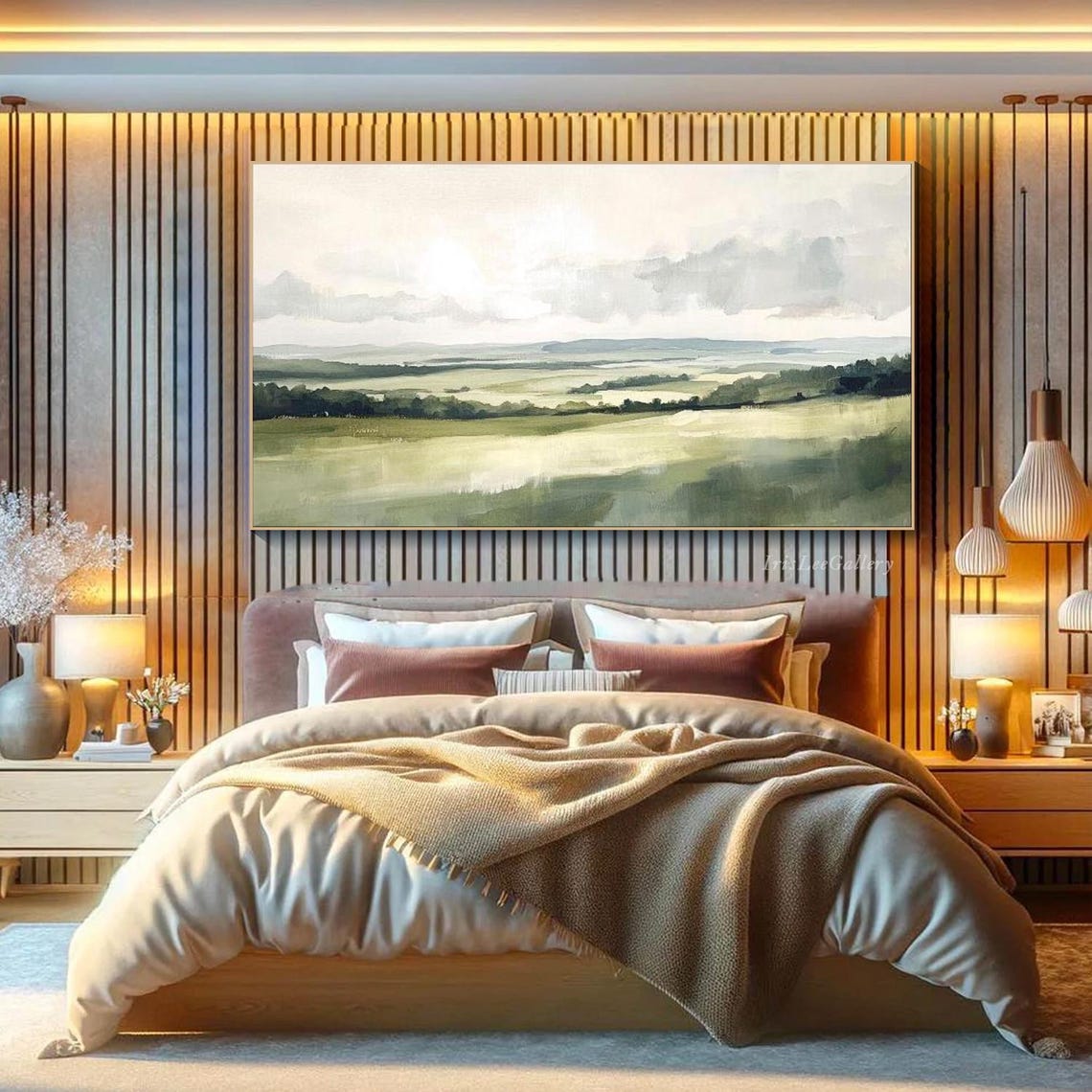 Tranquil Green Meadow Hills Soft Gray Sky Landscape Painting Wall Art