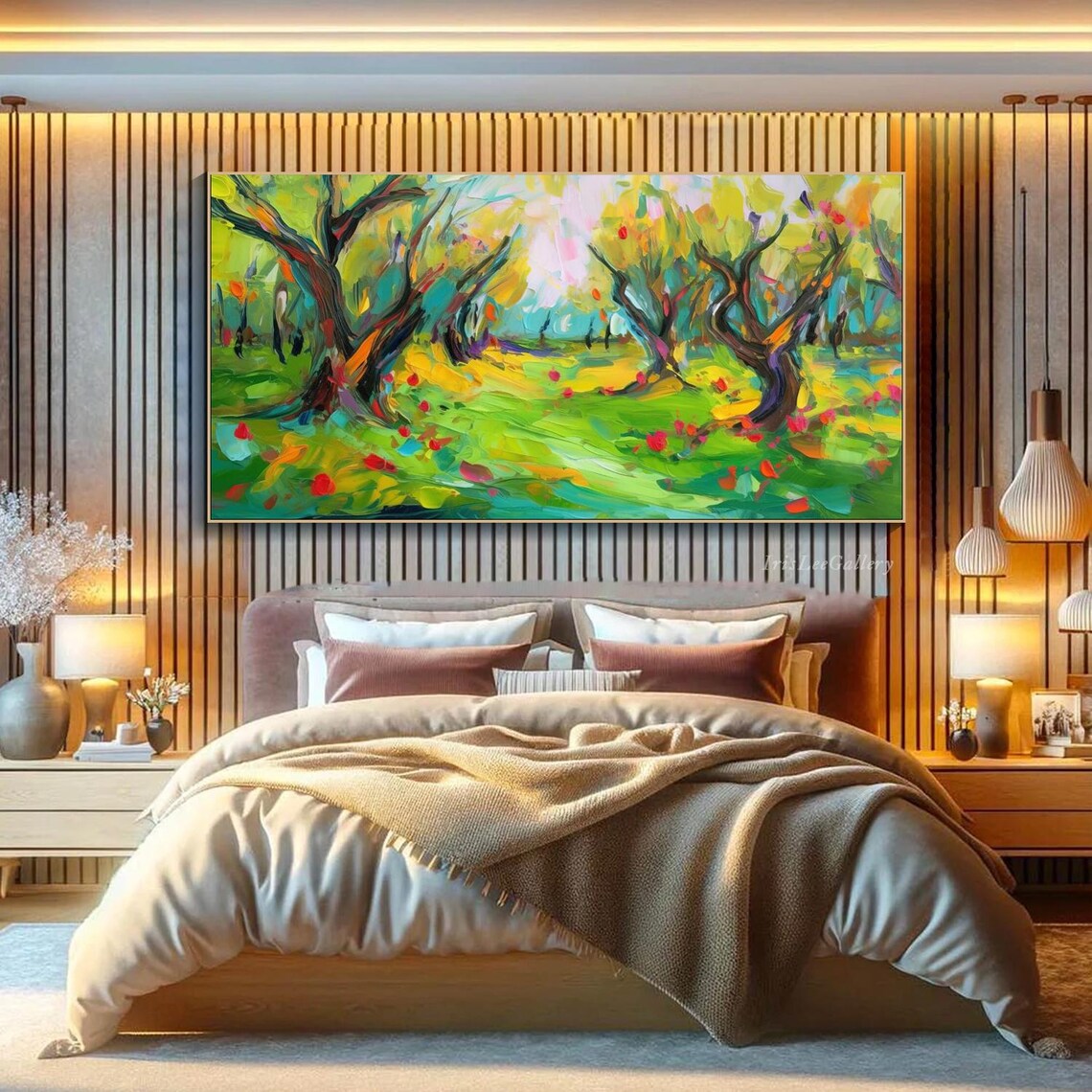 Colorful Forest Painting On Abstract Nature Texture Wall Art Vibrant Trees Art Modern River Art Large Modern Wall Art Living Room Art - Image 2