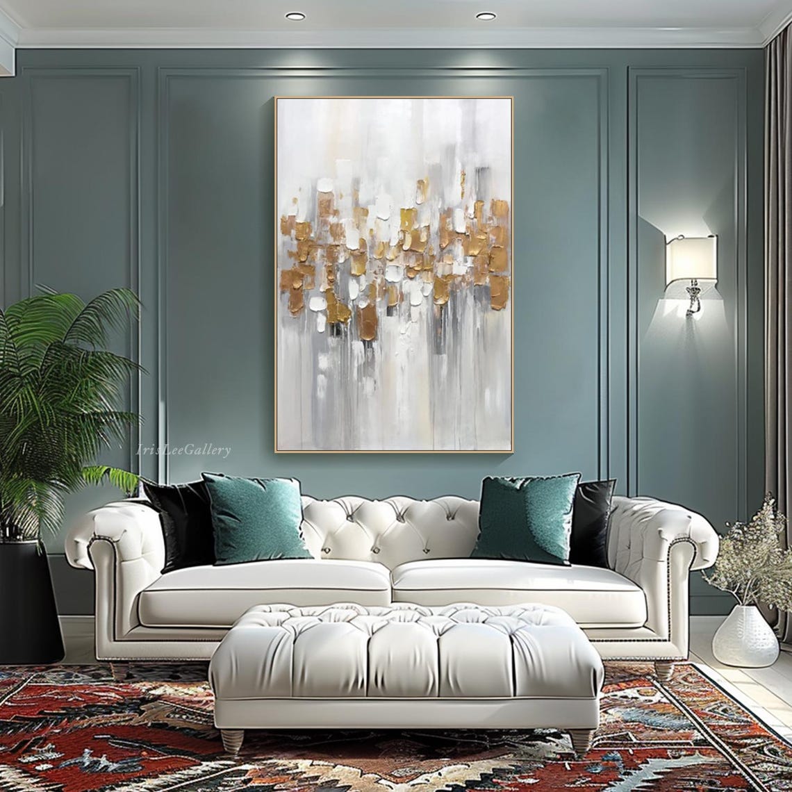 White Gold Foil Abstract Texture Minimalist Modern Painting Wall Art