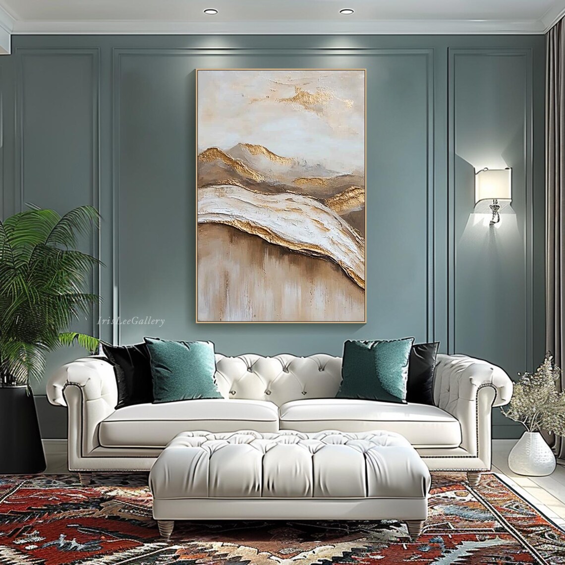 Gold Beige Flowing Ridge Abstract Neutral Landscape Painting Wall Art - Image 2