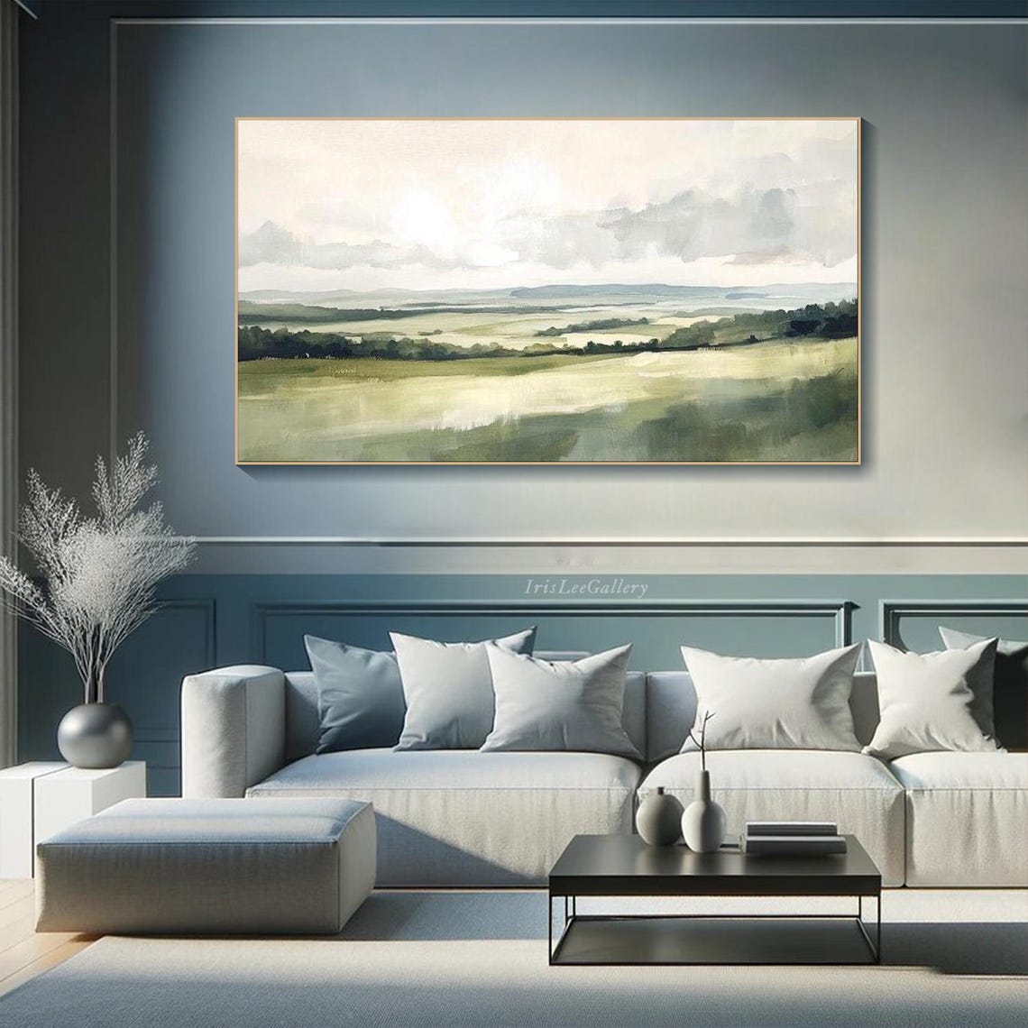 Tranquil Green Meadow Hills Soft Gray Sky Landscape Painting Wall Art - Image 2