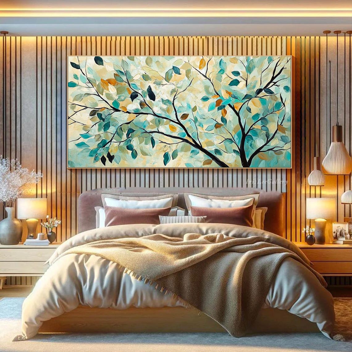 Teal Cream Leaves Tree Branches Textured Botanical Nature Art Poster - Image 3
