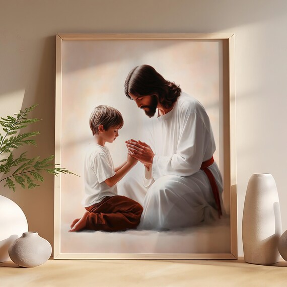 Personalized Jesus Praying With A Child Painting Christian Art Print Inspiring Jesus And Kids Art Custom Lds Decor Bible Verse Artwork