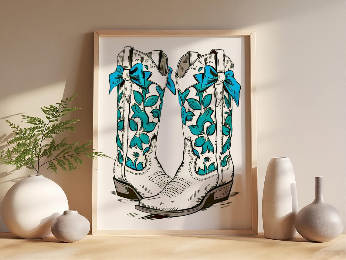 Red Floral Pattern Cowgirl Boots With Bows Western Style Poster - Image 3