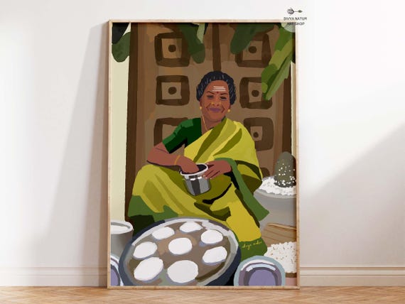 South Idli Seller Woman Cooking Art Cultural Food Ethnic Kitchen Home Wall Decor Street Scenes
