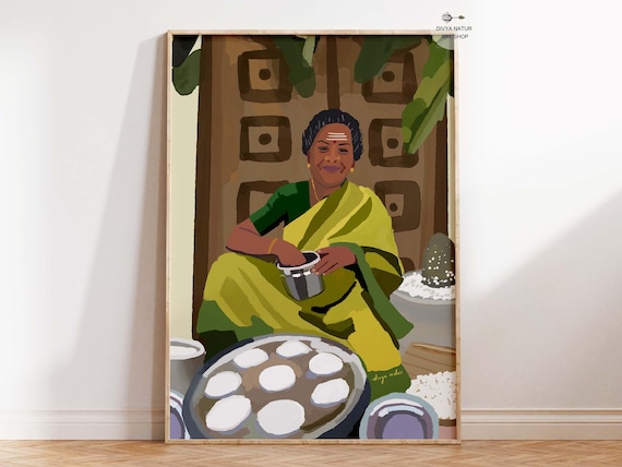 South Indian Idli Seller Woman Cultural Kitchen Food Art Poster