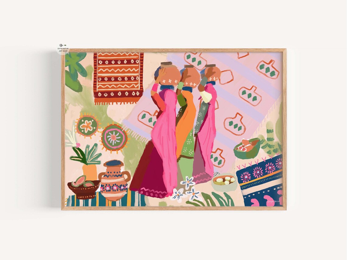 Rajasthani Women Folk Painting Colorful Indian Village Scene Poster