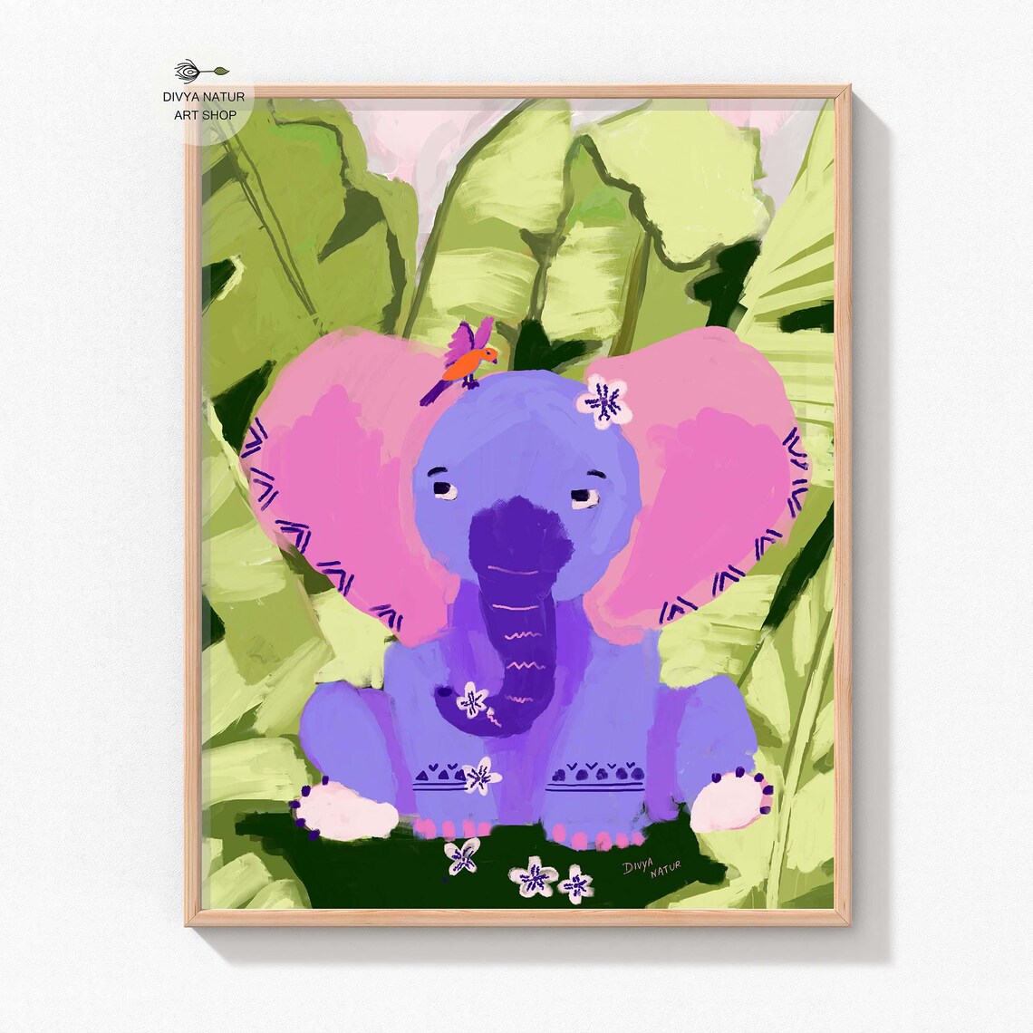 Playful Elephant Art Print, Tropical Jungle Nursery Decor