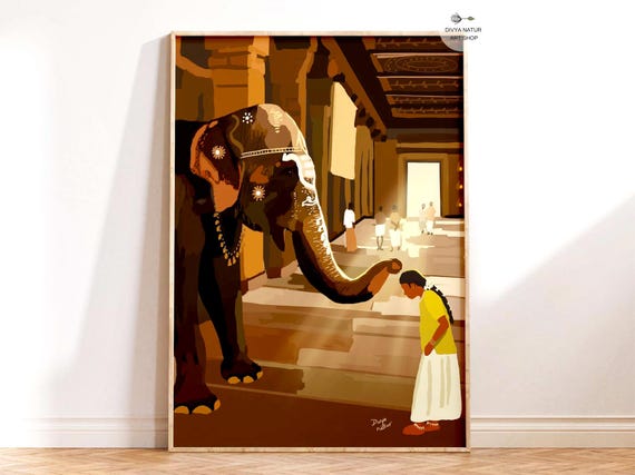 Temple Elephant Blessing Art Print Tamil Nadu Decor Nostalgic Memory Of Blessings In Temples