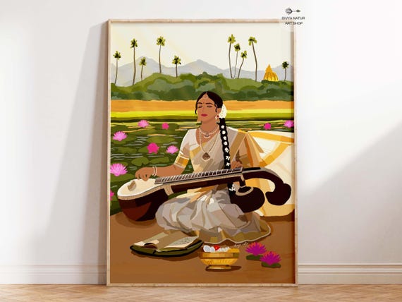 Woman With Veena Art South Wall Decor Temple Pond Divine Music Goddess Saraswati