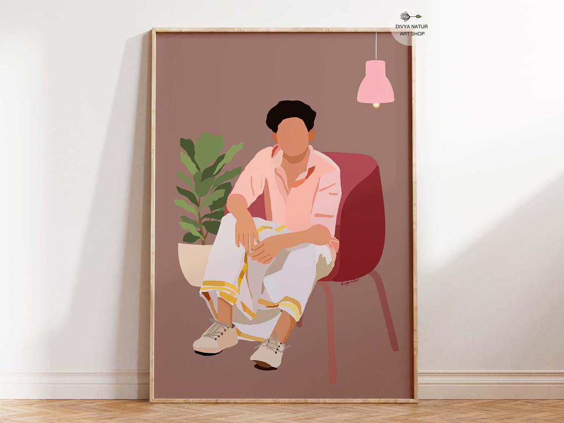 South Kerala Man Portrait Art Minimalist Desi Print Faceless Wearing Dhoti Modern