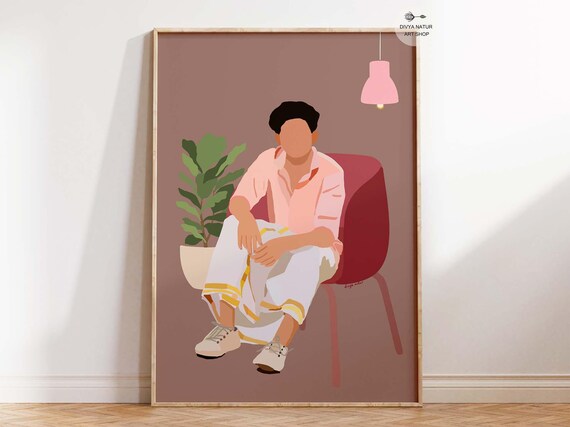 South Kerala Man Portrait Art Minimalist Desi Print Faceless Wearing Dhoti Modern