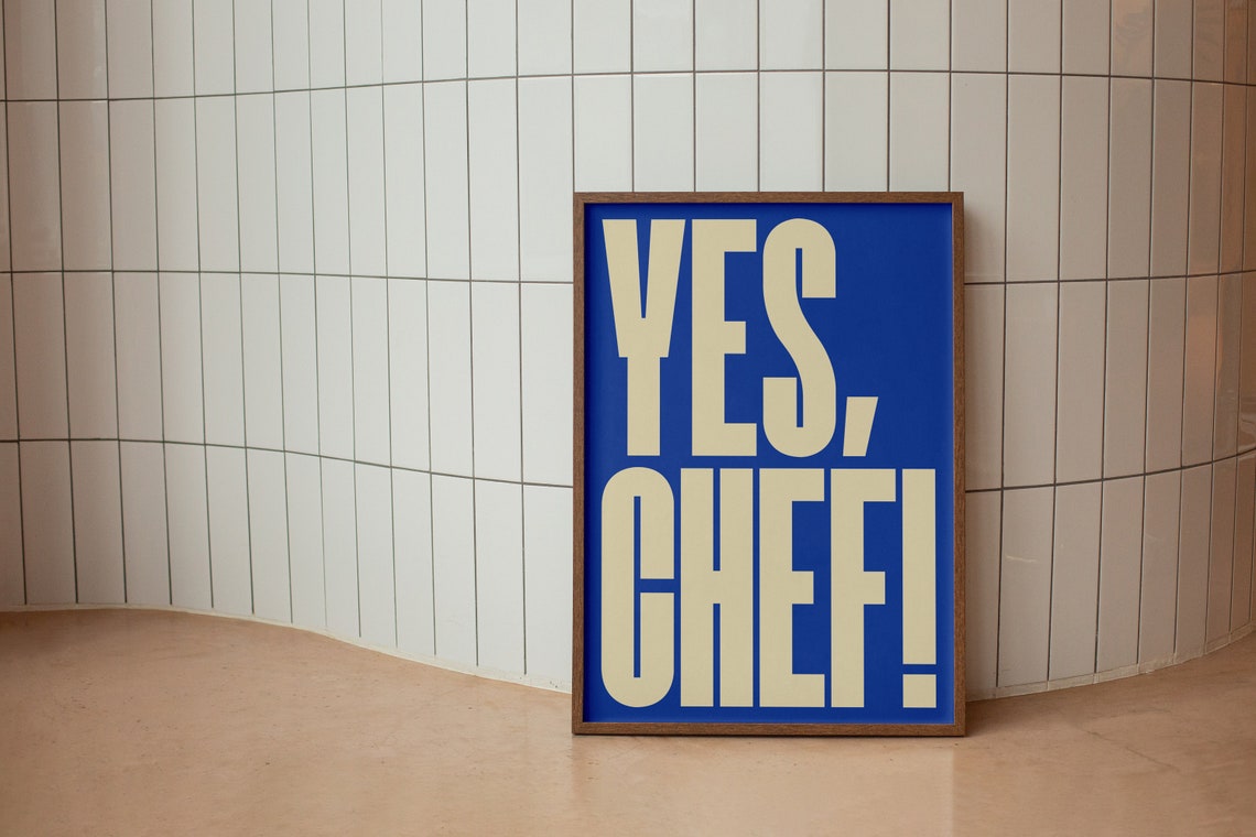 Yes Chef Poster Bold Blue Typography Kitchen Wall Decor Artwork - Image 3
