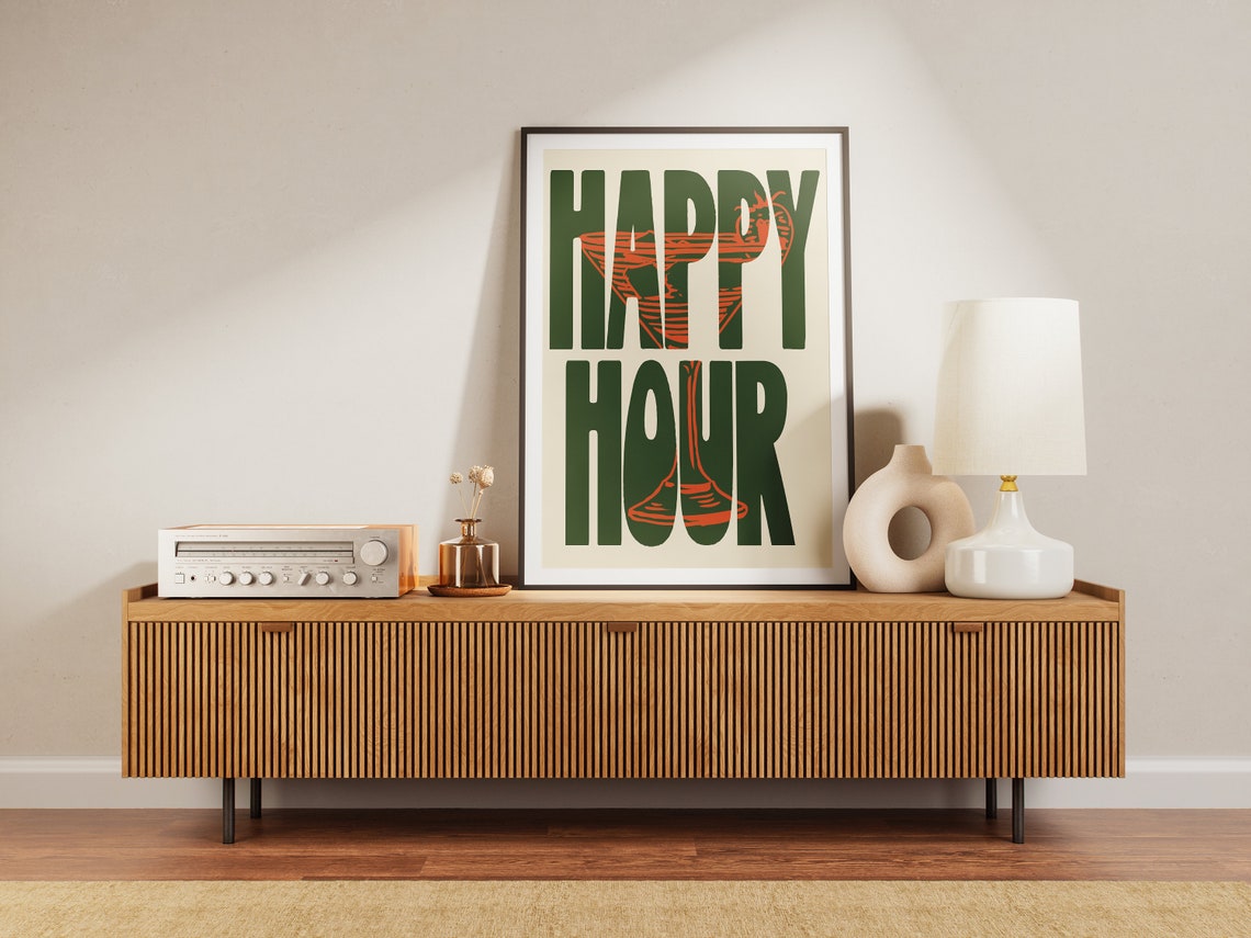 Happy Hour Green Bold Typography Cocktail Bar Wall Decor Poster - Image 2