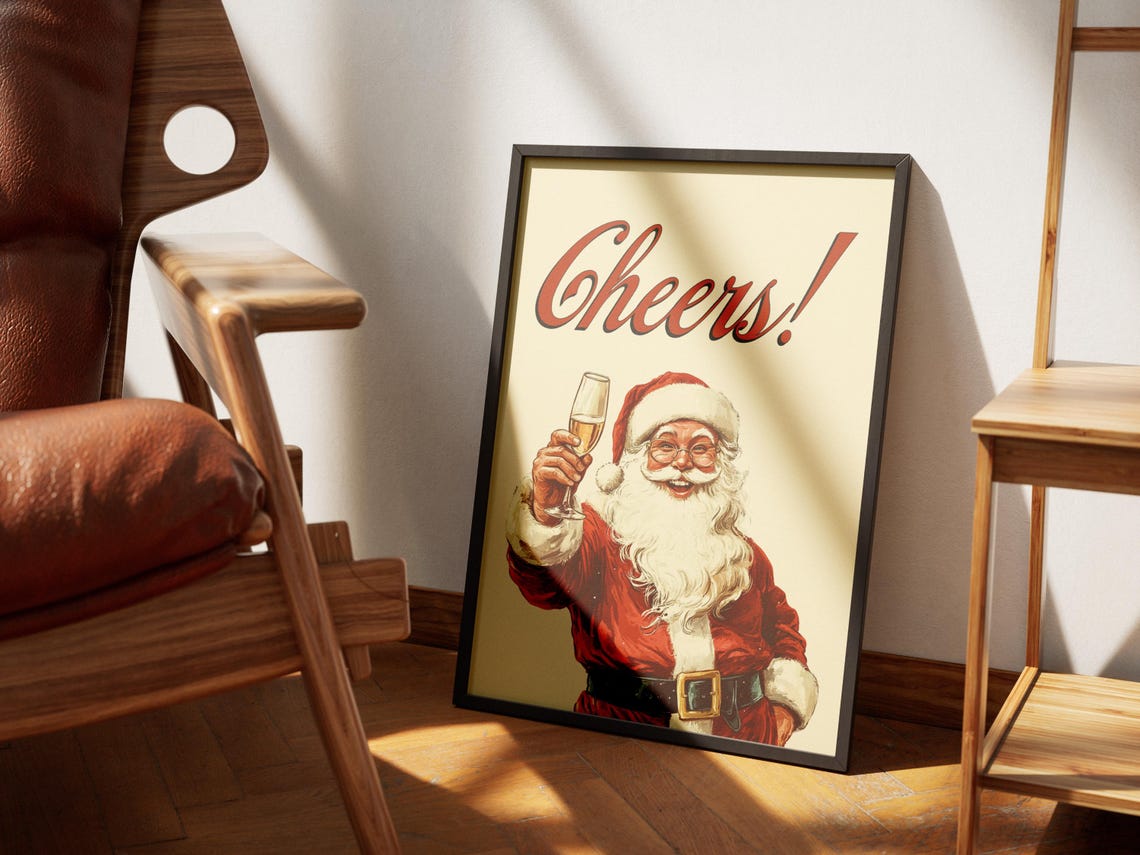 Vintage Santa Cheers Christmas Champagne Holiday Bar Decor Poster - Image 3