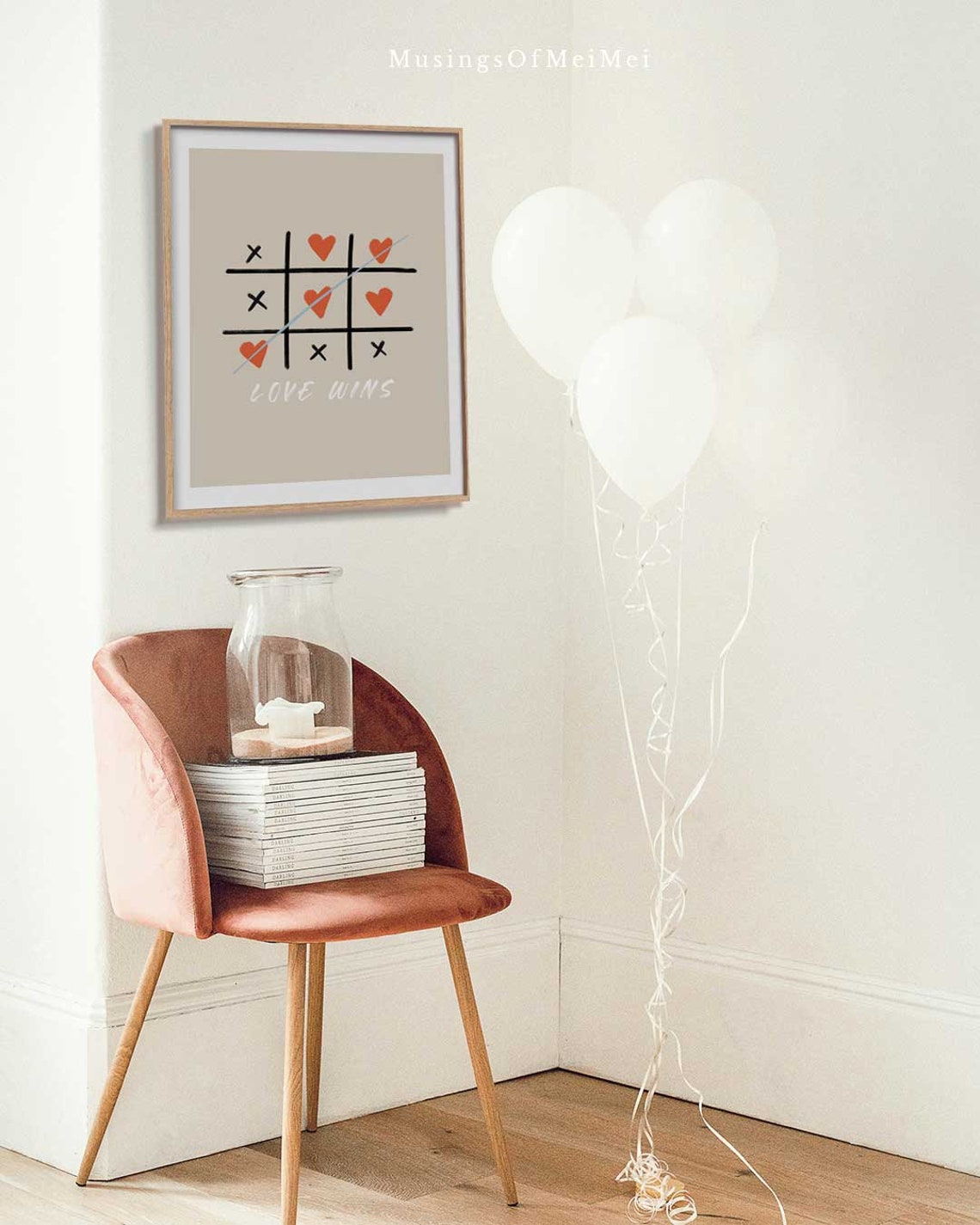 Tic Tac Toe Love Wins Heart Game Beige Minimalist Romantic Wall Poster - Image 2