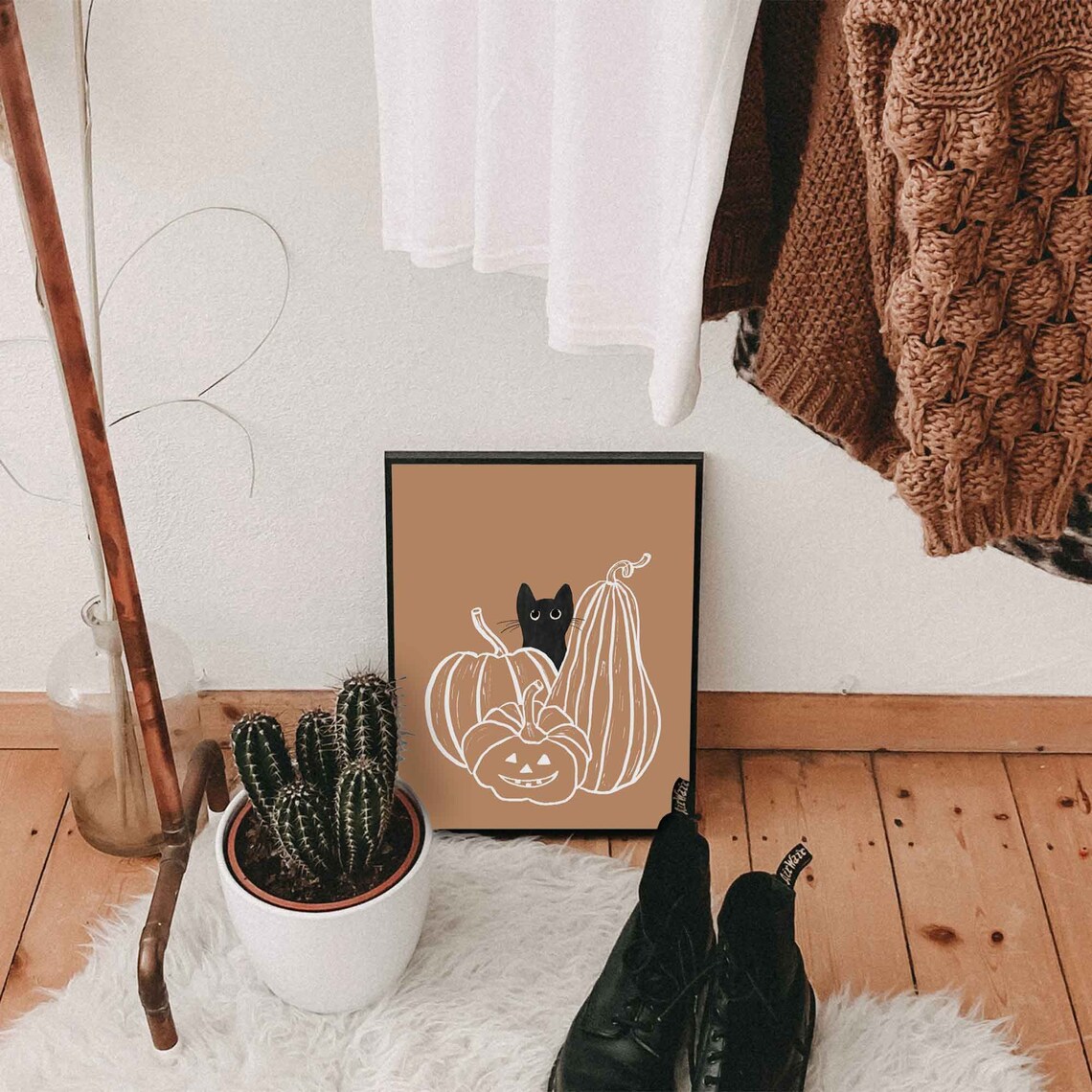 Halloween Cat and Pumpkin Poster, Fall Decor