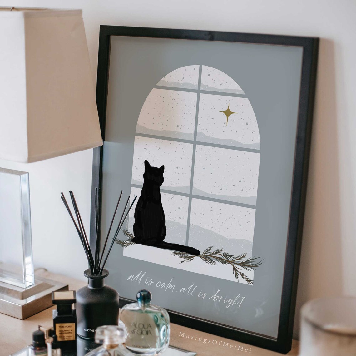 Christmas Black Cat Holiday Wall Art Print - Image 2