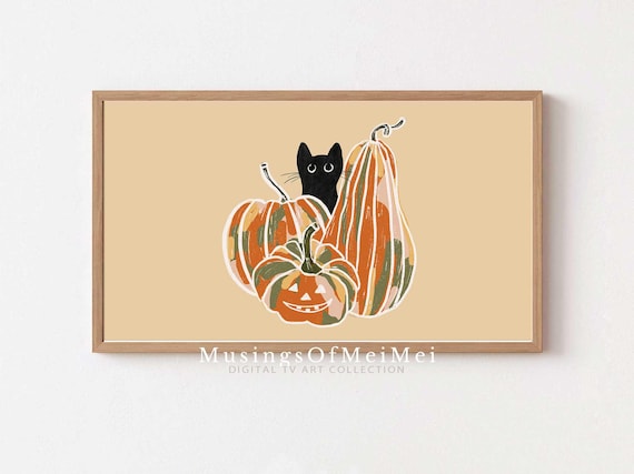Black Cat Peeking Behind Halloween Pumpkins Autumn Cute Kitten Art Poster