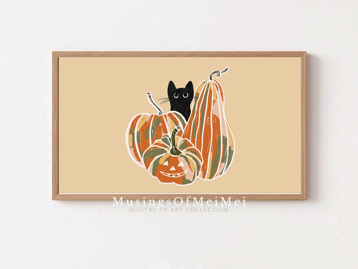 Black Cat Peeking Behind Halloween Pumpkins Autumn Cute Kitten Art Poster