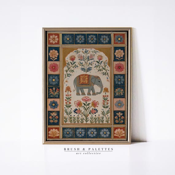 Mughal Elephant Wall Art Print Miniature Painting Decor Royal Folk For Ethnic Bohemian Eclectic Homes