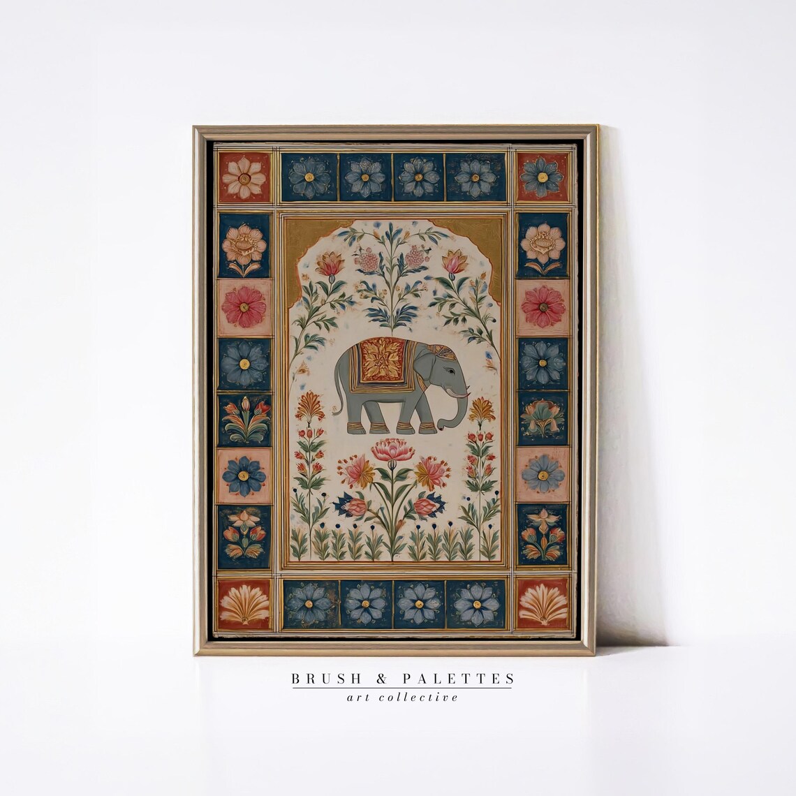 Royal Mughal Elephant Miniature Painting Folk Floral Border Wall Art