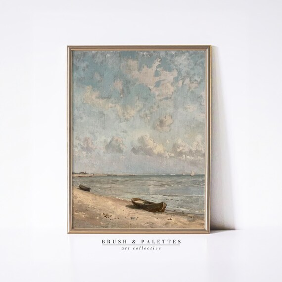 Rowboats Pulled Ashore On Quiet Beach Vintage Seascape Painting Poster