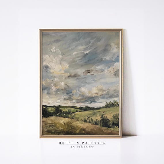 Moody Countryside Landscape Painting Cloudy Sky And Rolling Field Art Rustic Nature Wall Decor For Country Farmhouse Homes