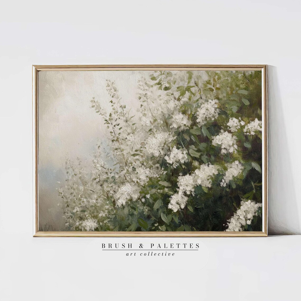 White Blossom Bush Vintage Floral Painting Serene Countryside Poster