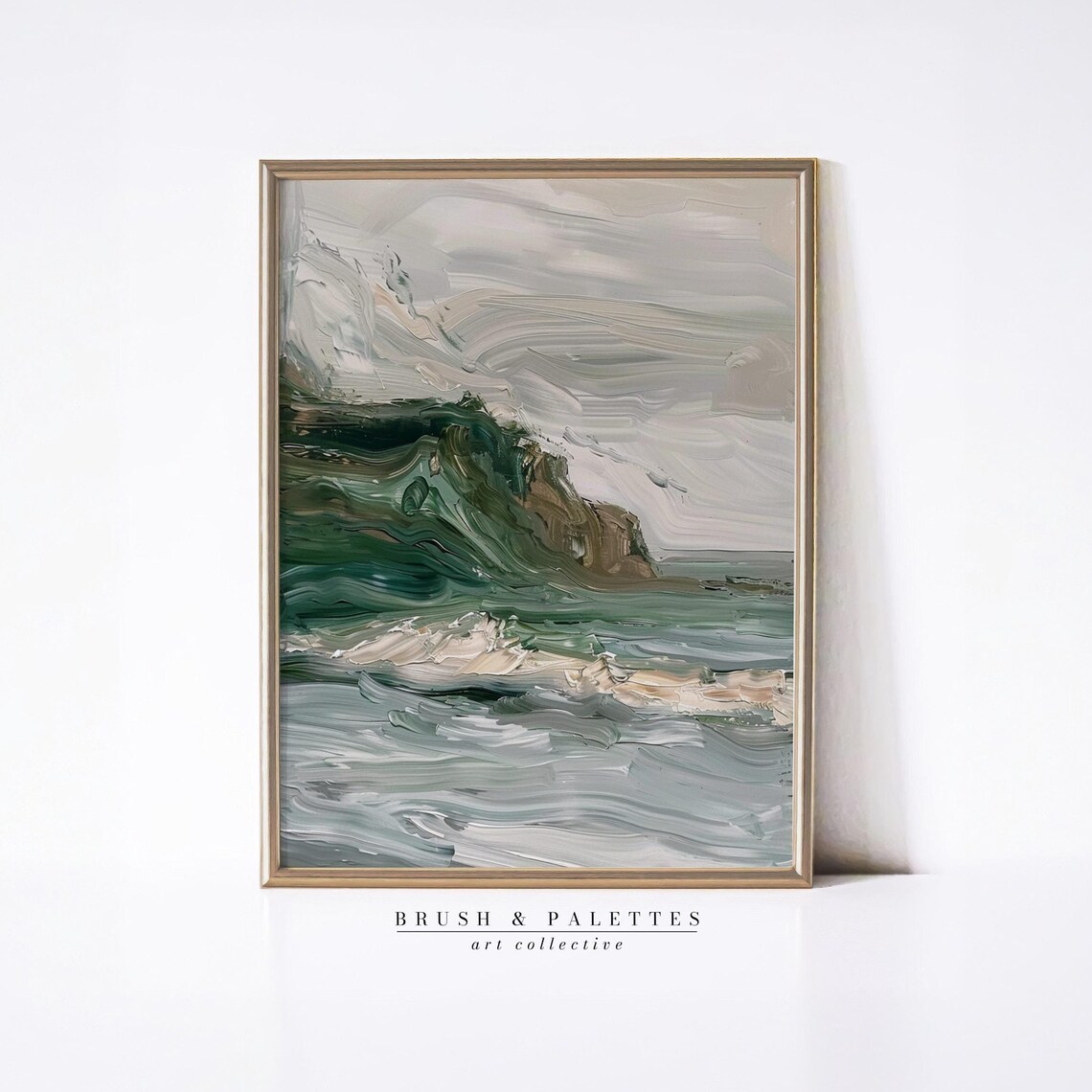 Sage Green Abstract Coastal Wave Painting Ocean Modern Wall Art