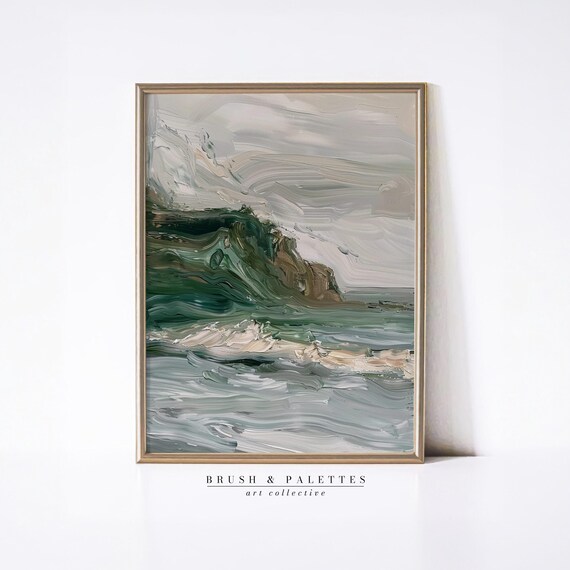 Sage Green Abstract Coastal Wave Painting Ocean Modern Wall Art