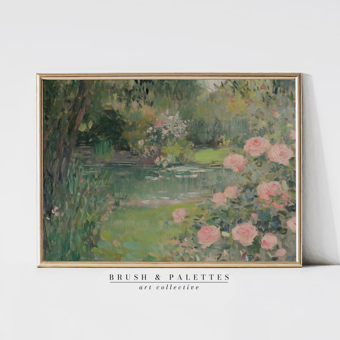 Rose Garden Pond Pink Roses Impressionist Lush Floral Landscape Poster