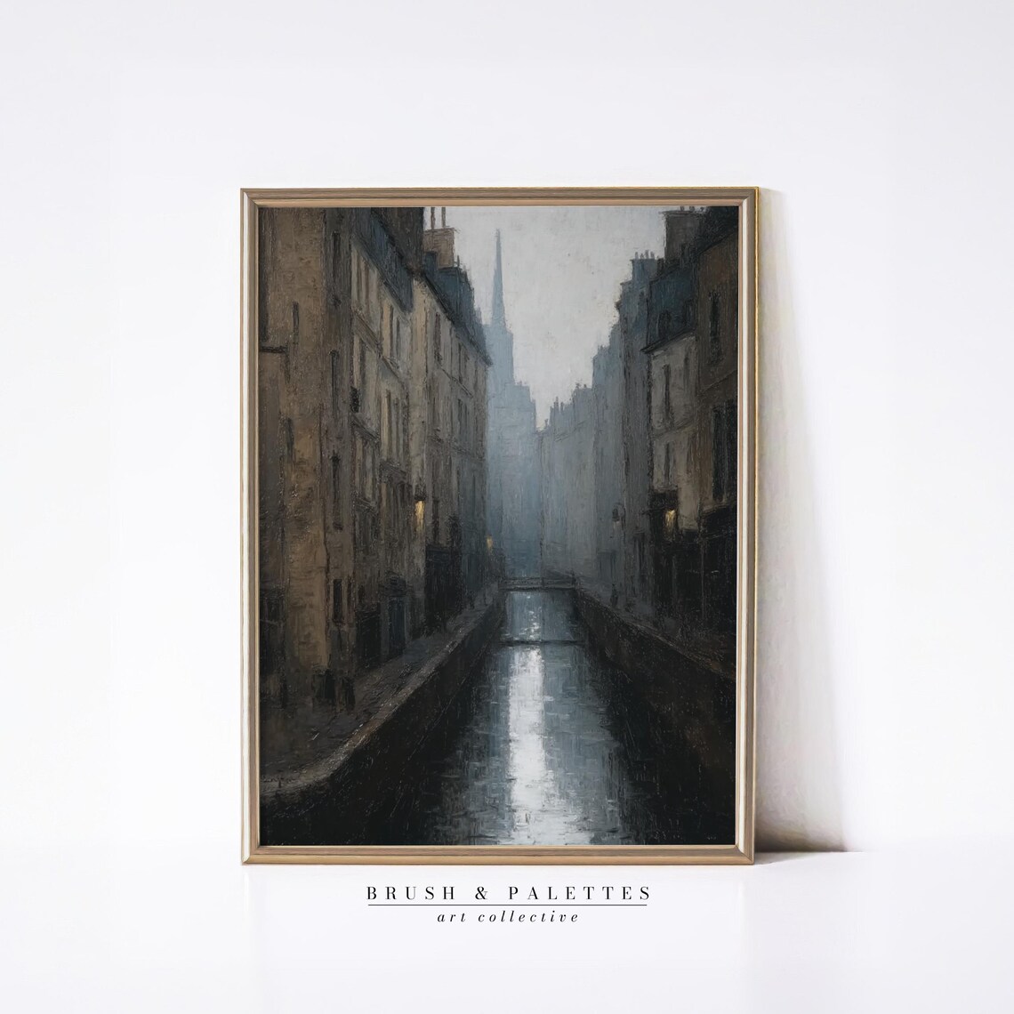 Moody Dark Canal Cityscape Night Oil Painting Dark Academia Poster