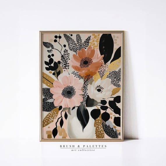 Modern Floral Vase Painting In Blush And Gold Abstract Flower Art Bohemian Eclectic Wall Decor For Bold Contemporary Homes