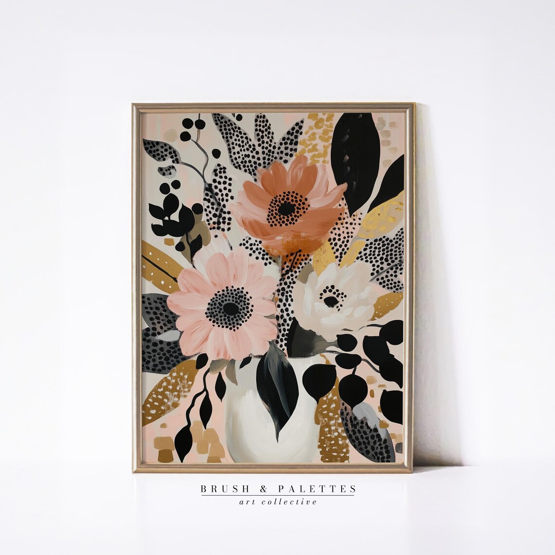 Blush and Gold Abstract Floral Vase Modern Botanical Art Poster