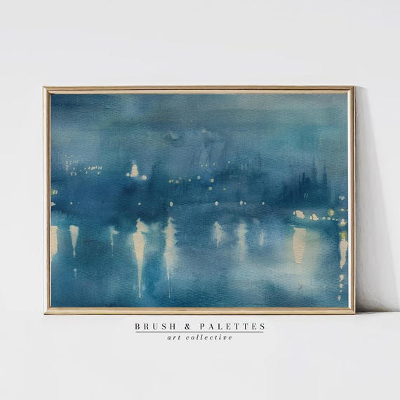 Night Cityscape Watercolor Abstract Blue Skyline Painting Moody Urban Wall Art For Home Office Decor Print