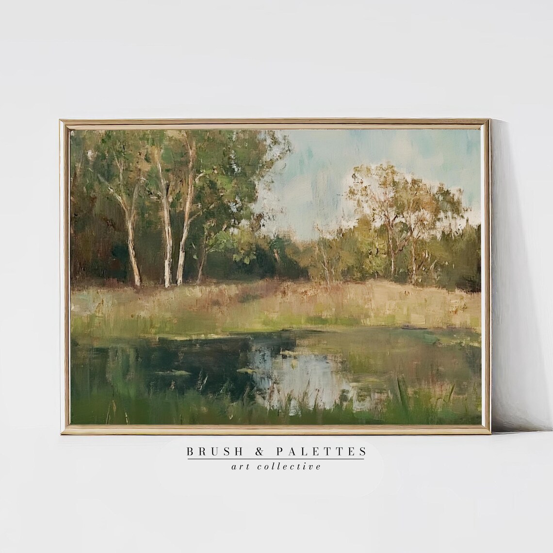Green Lakeside Meadow With Trees Serene Pond Oil Painting Style Poster