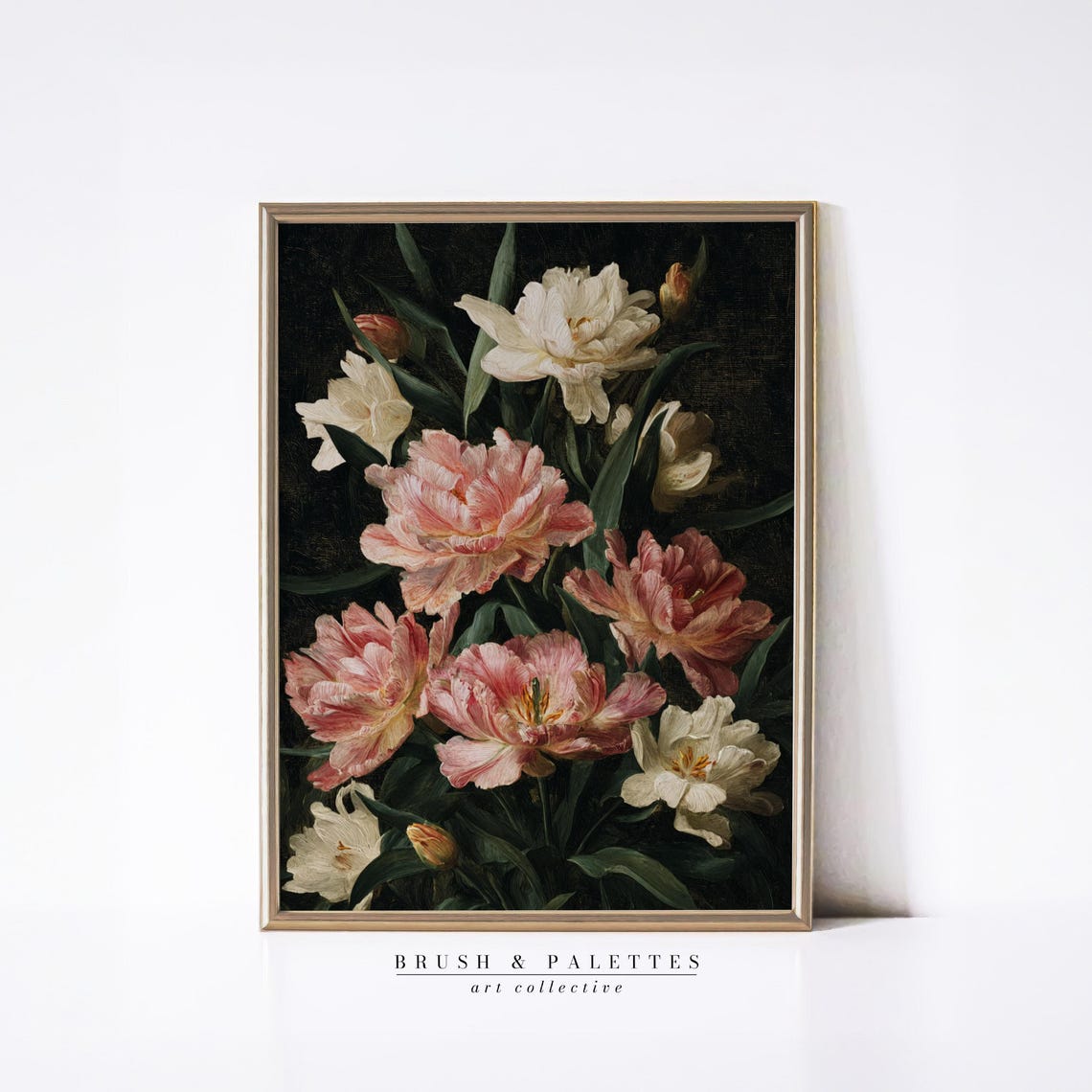 Pink And White Parrot Tulips On Dark Vintage Botanical Poster