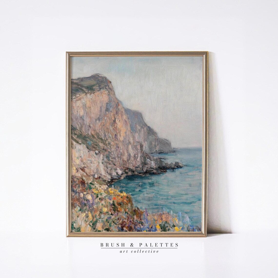 Rocky Coastal Cliffs Over Turquoise Sea Vintage Landscape Oil Poster