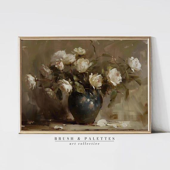 White Roses in Antique Vase, Vintage Floral Art Print
