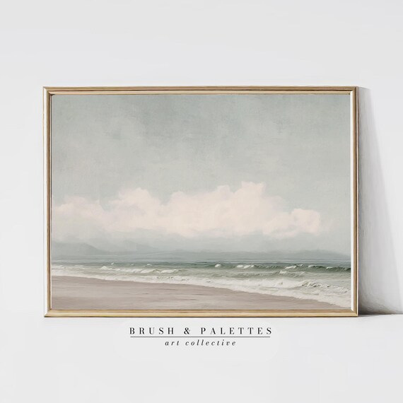 Soft Pale Beach With Gentle Waves Under Hazy Sky Minimalist Print