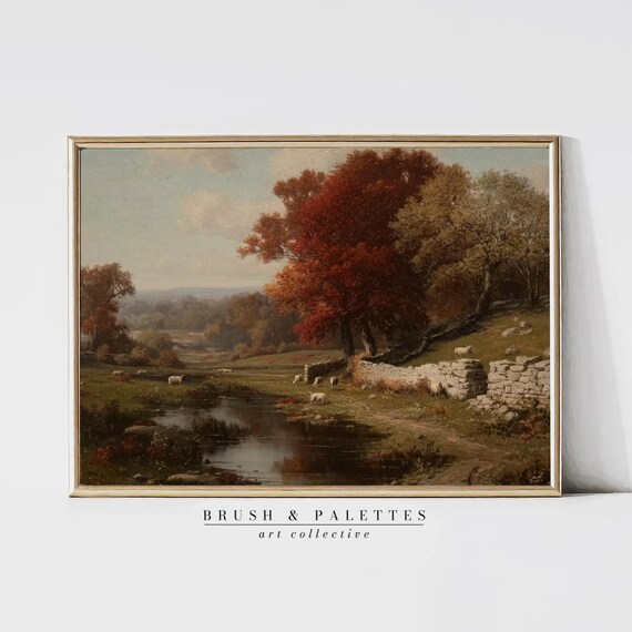Autumn Pasture Sheep By Stream Stone Wall Pastoral Landscape Art Poster